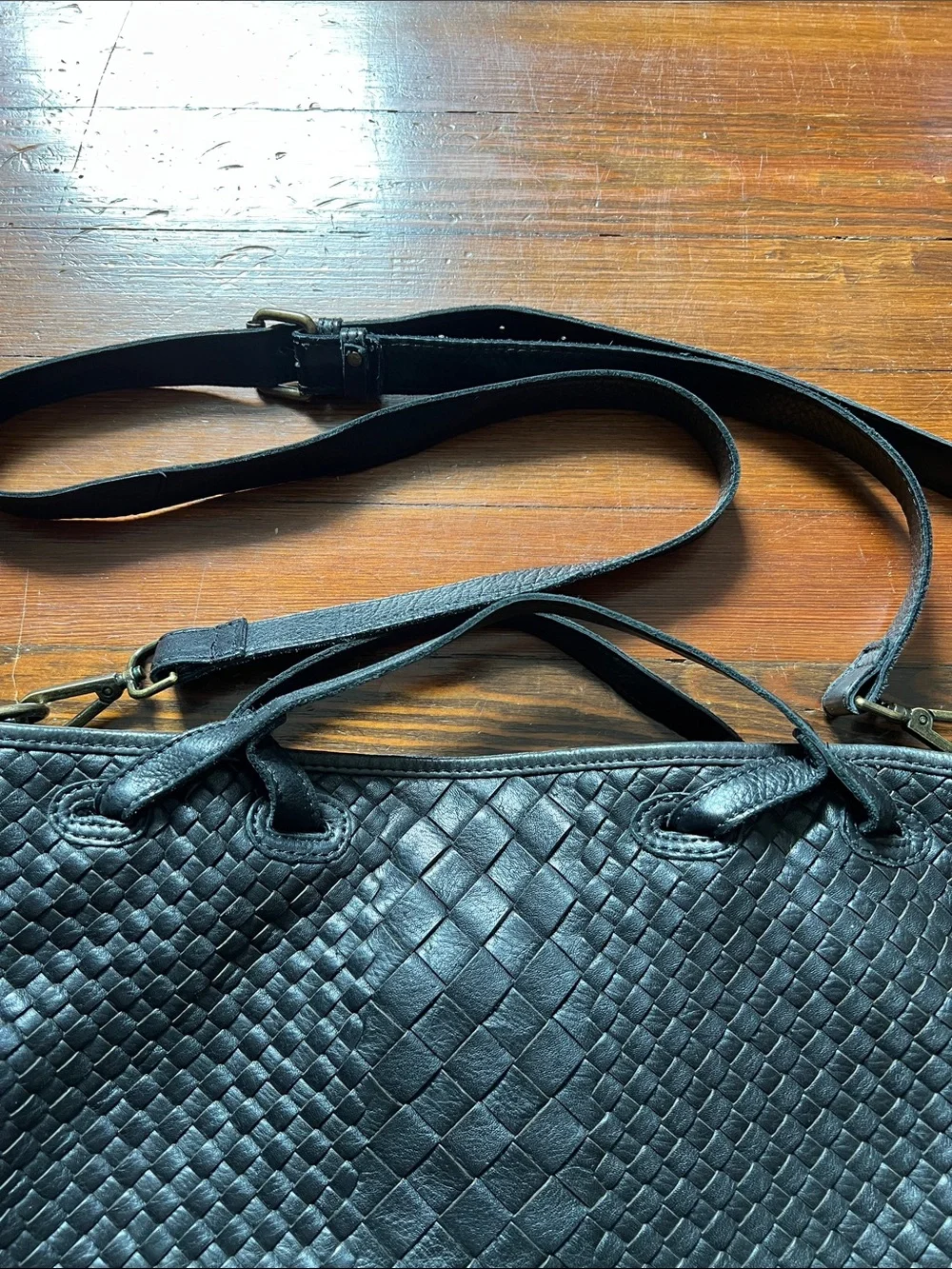 Woven Shoulder Bag in Black with Adjustable Strap